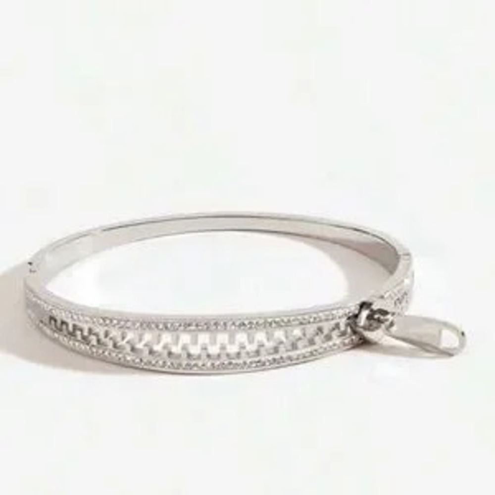 Silver Plated Stainless Steel Zipper Cuff Bracelet CZ Tarnish-Resistant